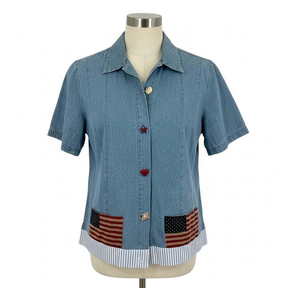 Country Wear Americana Denim Shirt‎ Short Sleeve Blue Flag Heart Size Medium